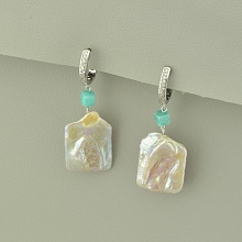 картинка Серьги из медного сплава с амазонитом, с жемчугом, бирюзовые, родий на английском замке 'SUNSTONES'  от магазина Wolves